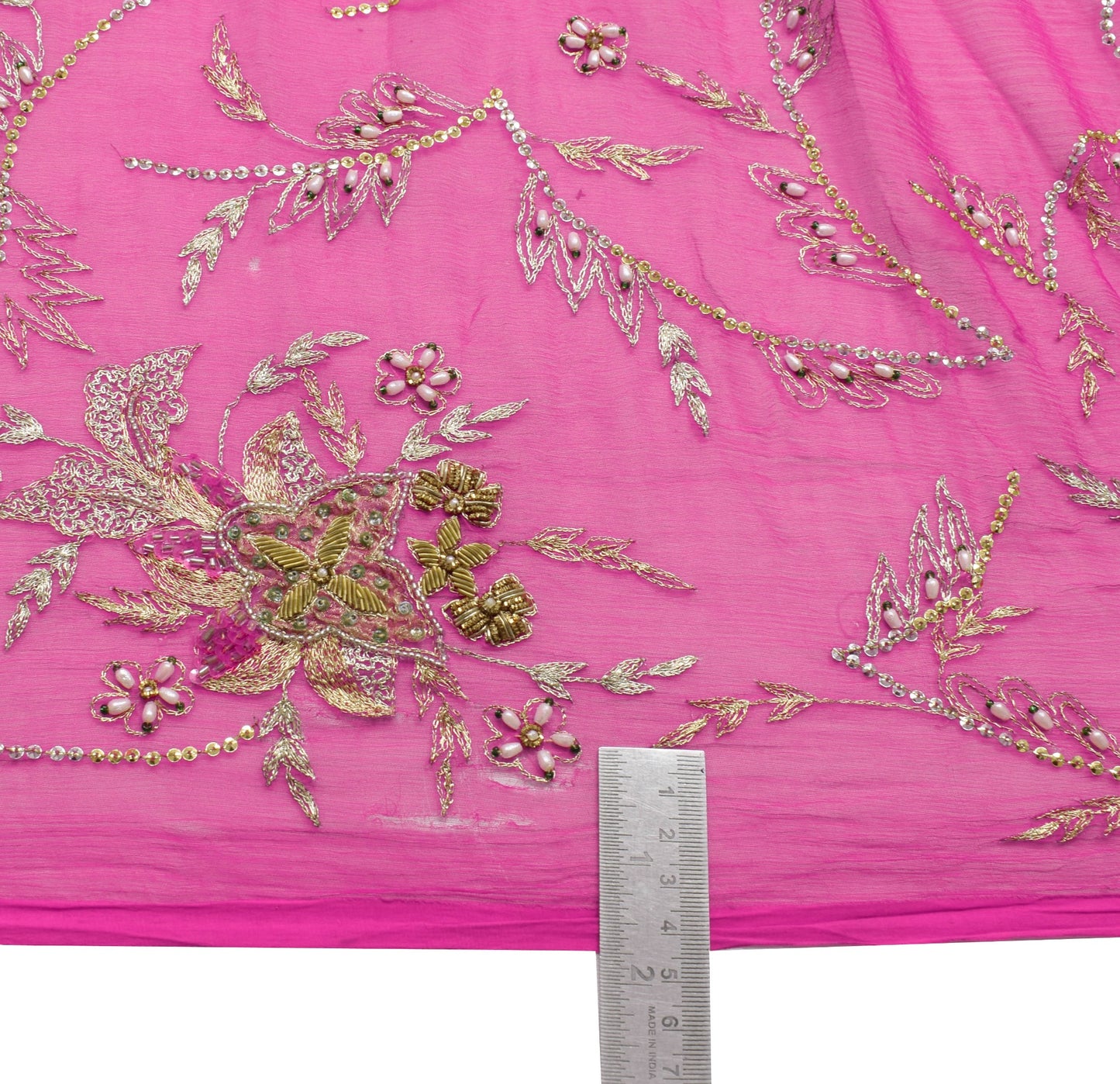 Sushila Vintage Fuchsia Pink Scrap Dupatta Zari Work Pure Chiffon Long Stole