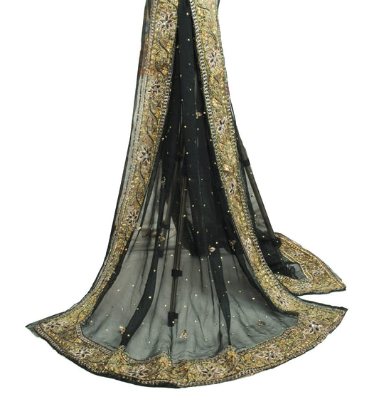 Sushila Vintage Pure Chiffon Scrap Dupatta Sequins Embellish Black Long Stole