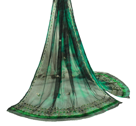 Sushila Vintage Black Green Scrap Dupatta Pure Chiffon Tie-Dye Floral Long Stole