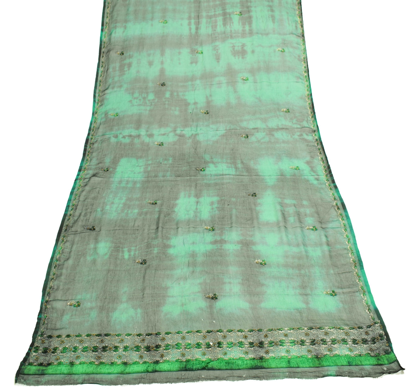 Sushila Vintage Black Green Scrap Dupatta Pure Chiffon Tie-Dye Floral Long Stole