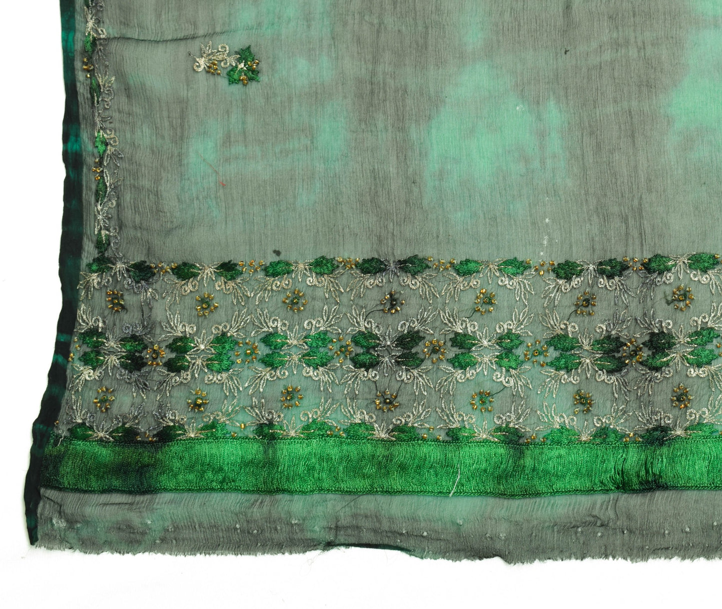 Sushila Vintage Black Green Scrap Dupatta Pure Chiffon Tie-Dye Floral Long Stole