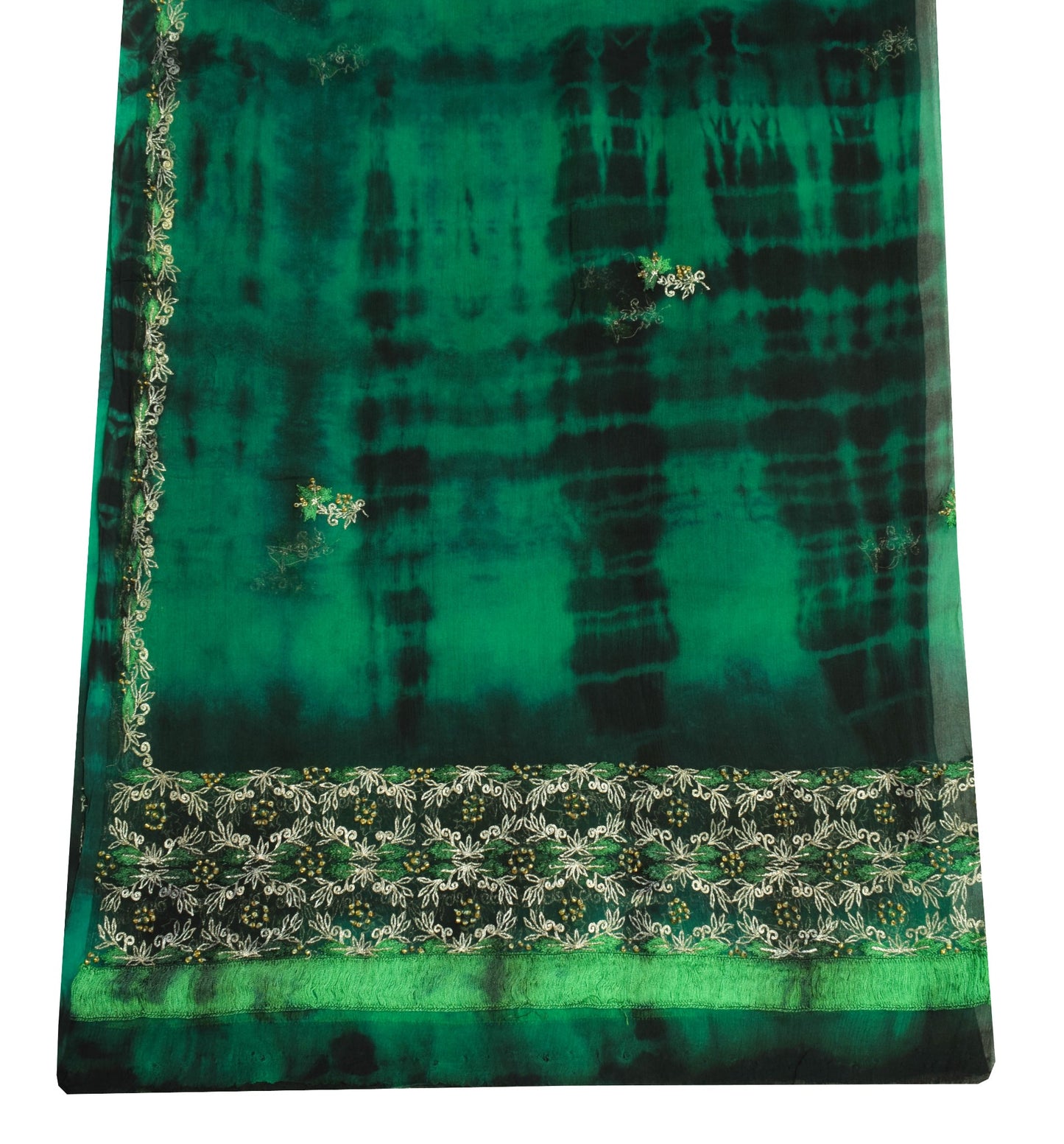 Sushila Vintage Black Green Scrap Dupatta Pure Chiffon Tie-Dye Floral Long Stole