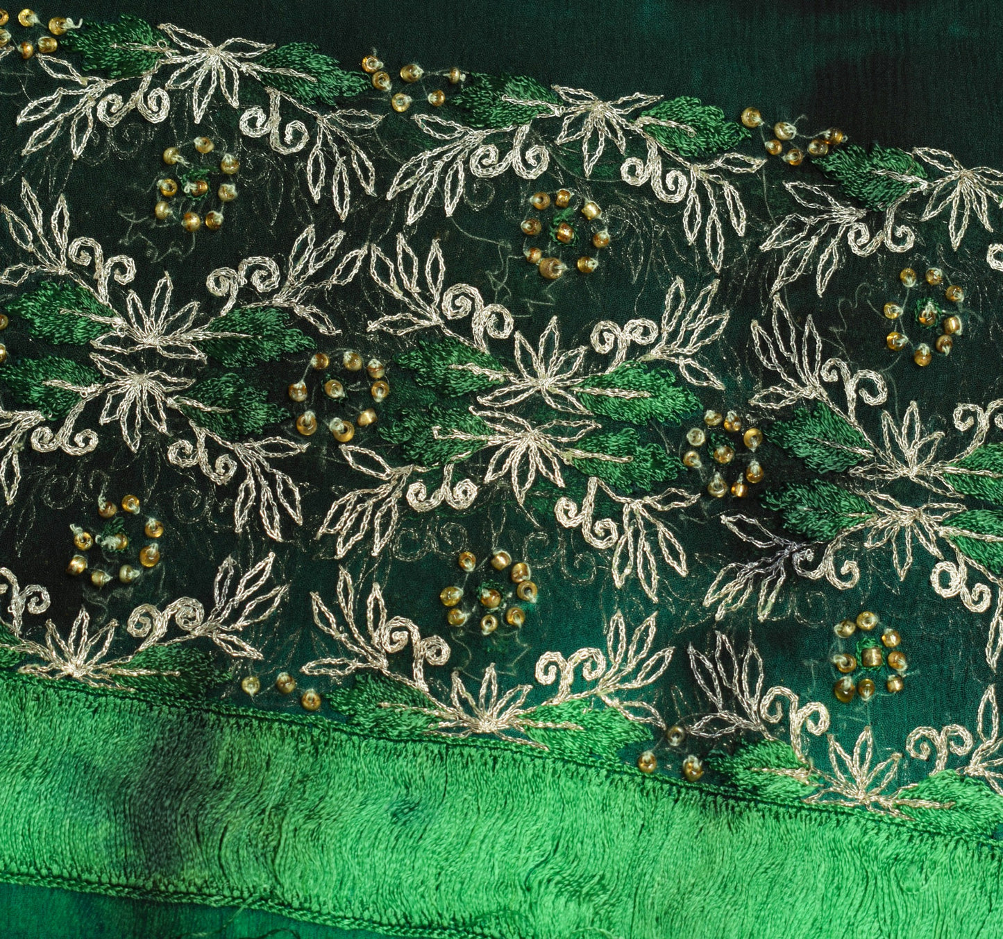 Sushila Vintage Black Green Scrap Dupatta Pure Chiffon Tie-Dye Floral Long Stole