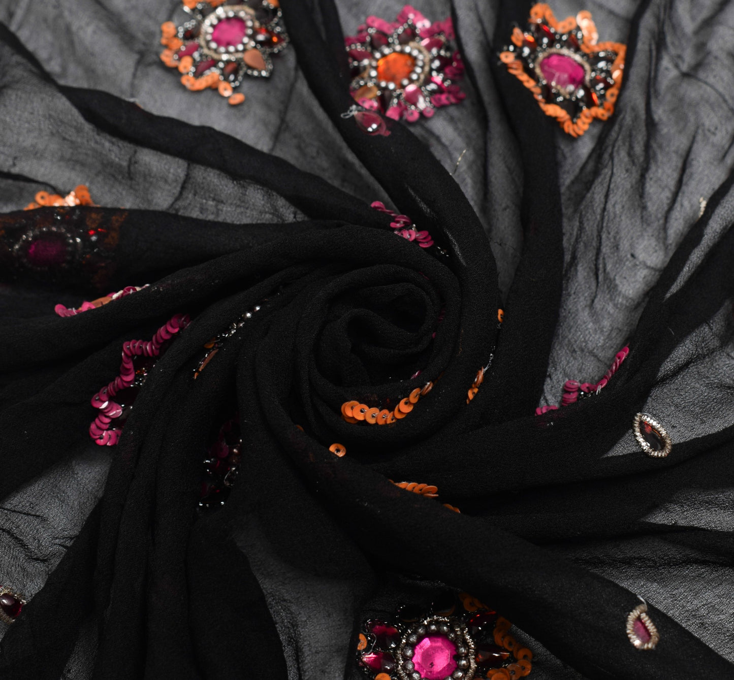 Sushila Vintage HEAVY Black Scrap Dupatta Pure Georgette Sequins Embellish Stole