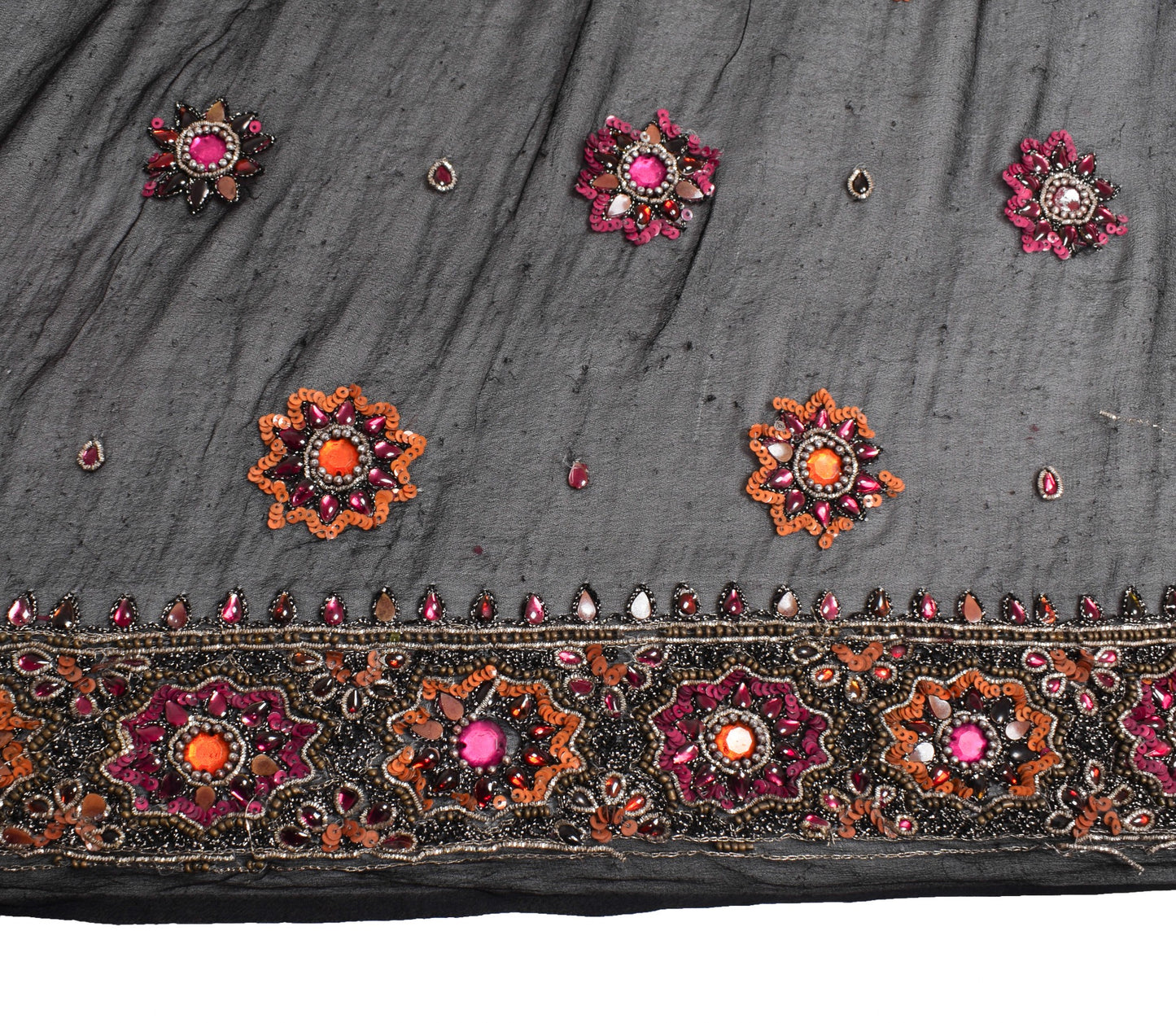 Sushila Vintage HEAVY Black Scrap Dupatta Pure Georgette Sequins Embellish Stole