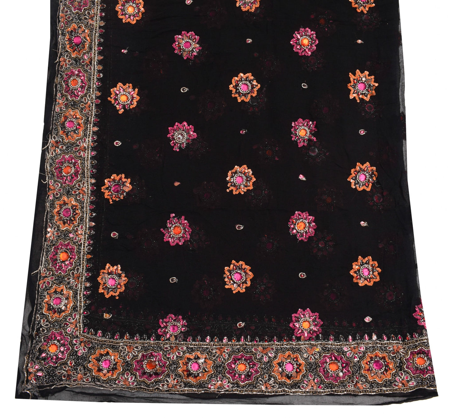 Sushila Vintage HEAVY Black Scrap Dupatta Pure Georgette Sequins Embellish Stole