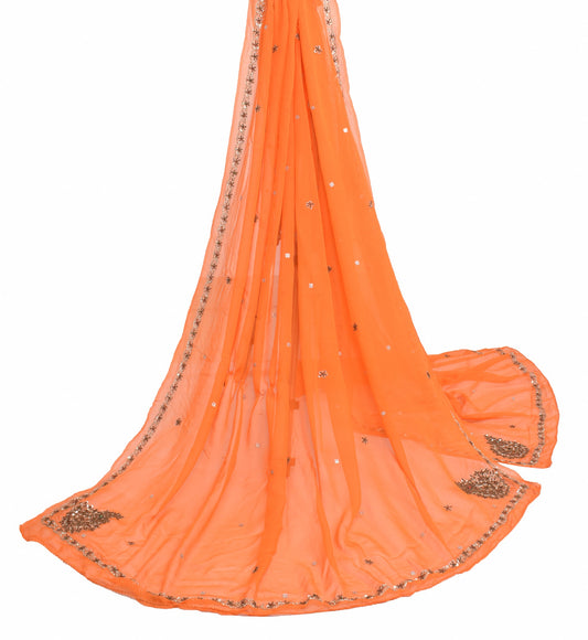 Sushila Vintage Zari Embroidered Scrap Dupatta Pure Georgette Orange Long Stole