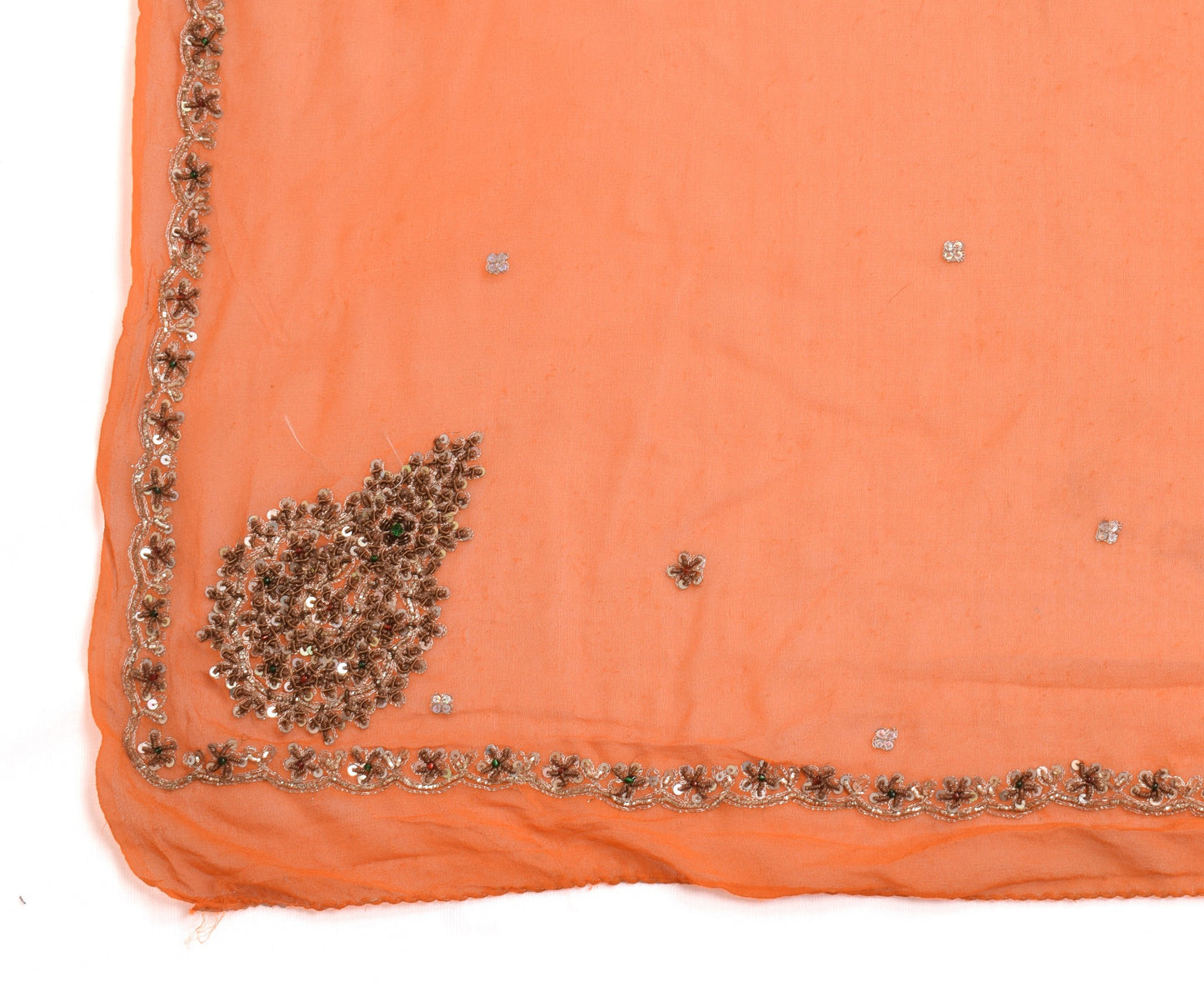 Sushila Vintage Zari Embroidered Scrap Dupatta Pure Georgette Orange Long Stole