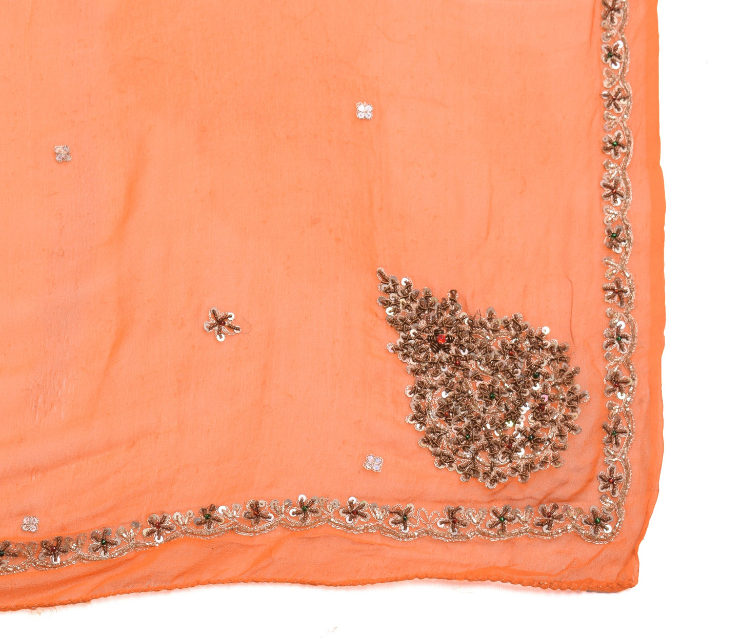 Sushila Vintage Zari Embroidered Scrap Dupatta Pure Georgette Orange Long Stole