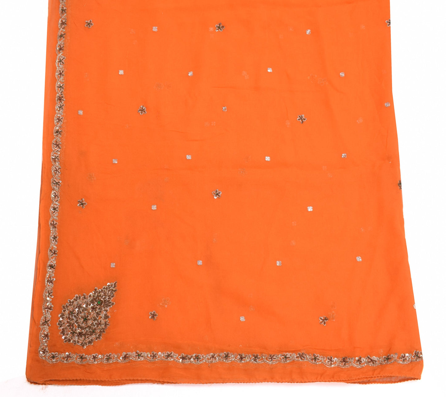 Sushila Vintage Zari Embroidered Scrap Dupatta Pure Georgette Orange Long Stole