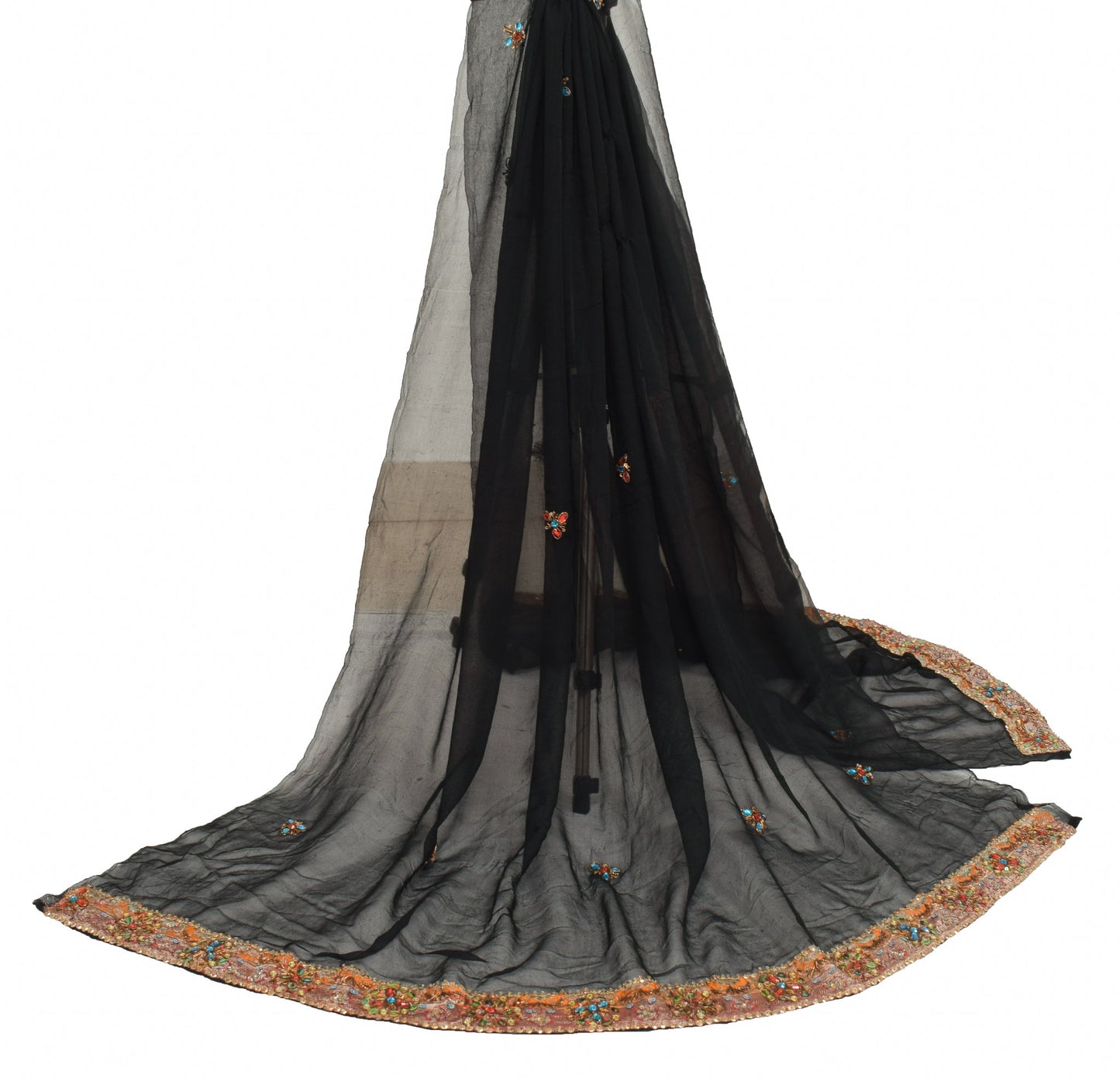 Sushila Vintage Black Scrap Dupatta Pure Georgette Hand Beaded Floral Long Stole