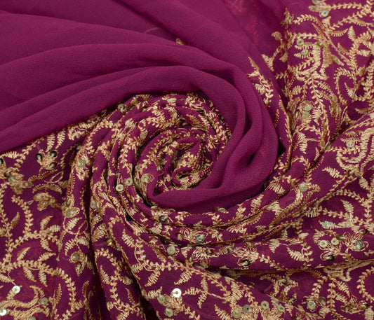 Sushila Vintage Purple HEAVY Saree Blend Georgette Floral Embroidery Sari Fabric