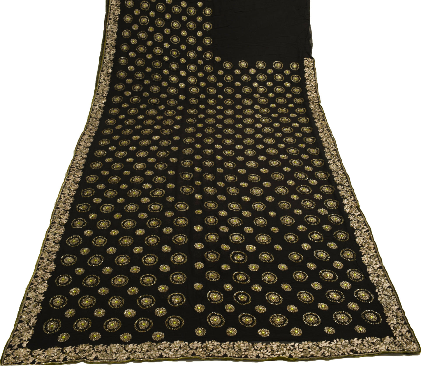 Sushila Vintage Black HEAVY Saree 100% Pure Georgette Hand Beaded Sari Fabric