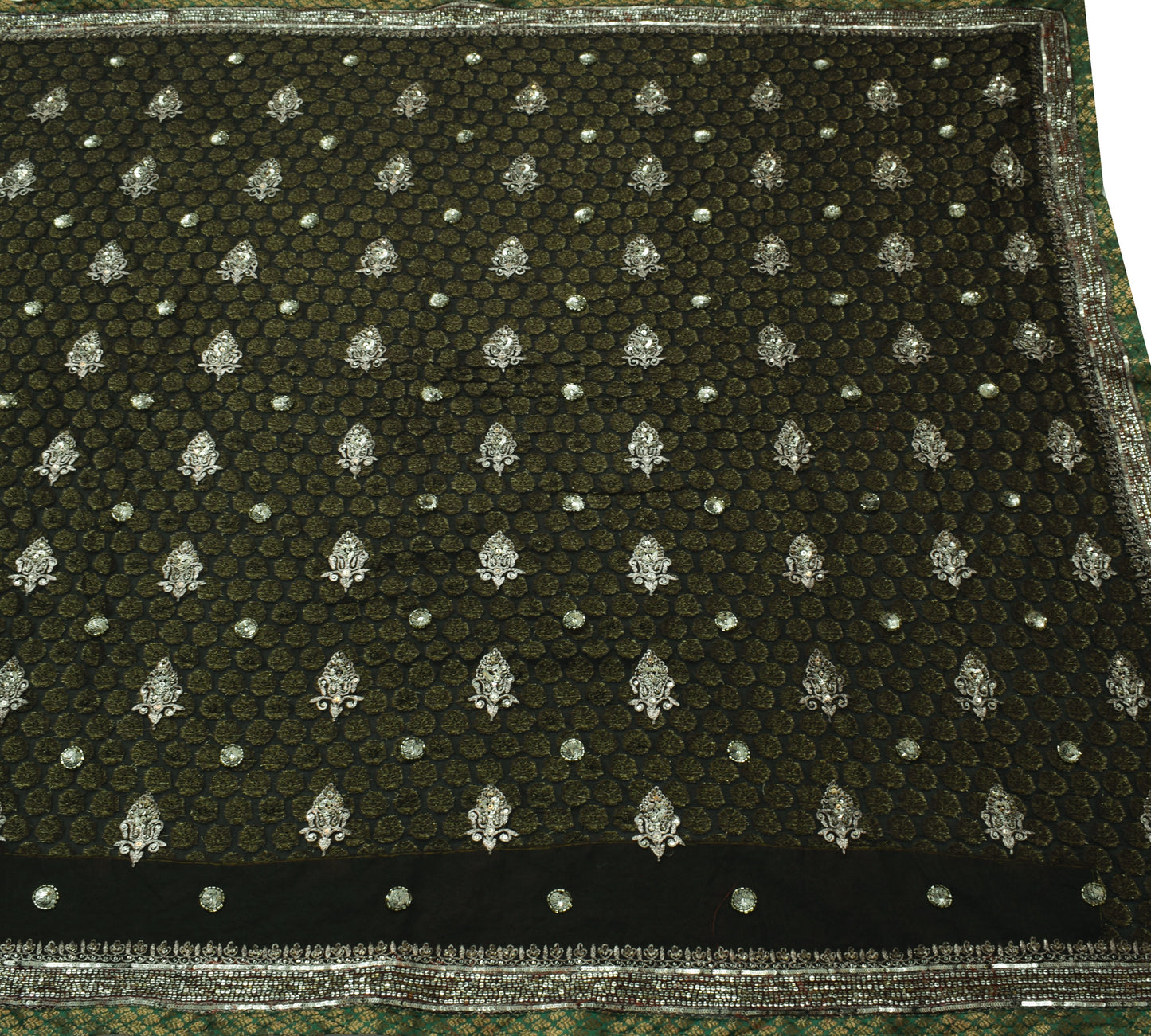 Sushila Vintage Black Heavy Saree 100% Pure Georgette Hand  Beaded Sari Fabric