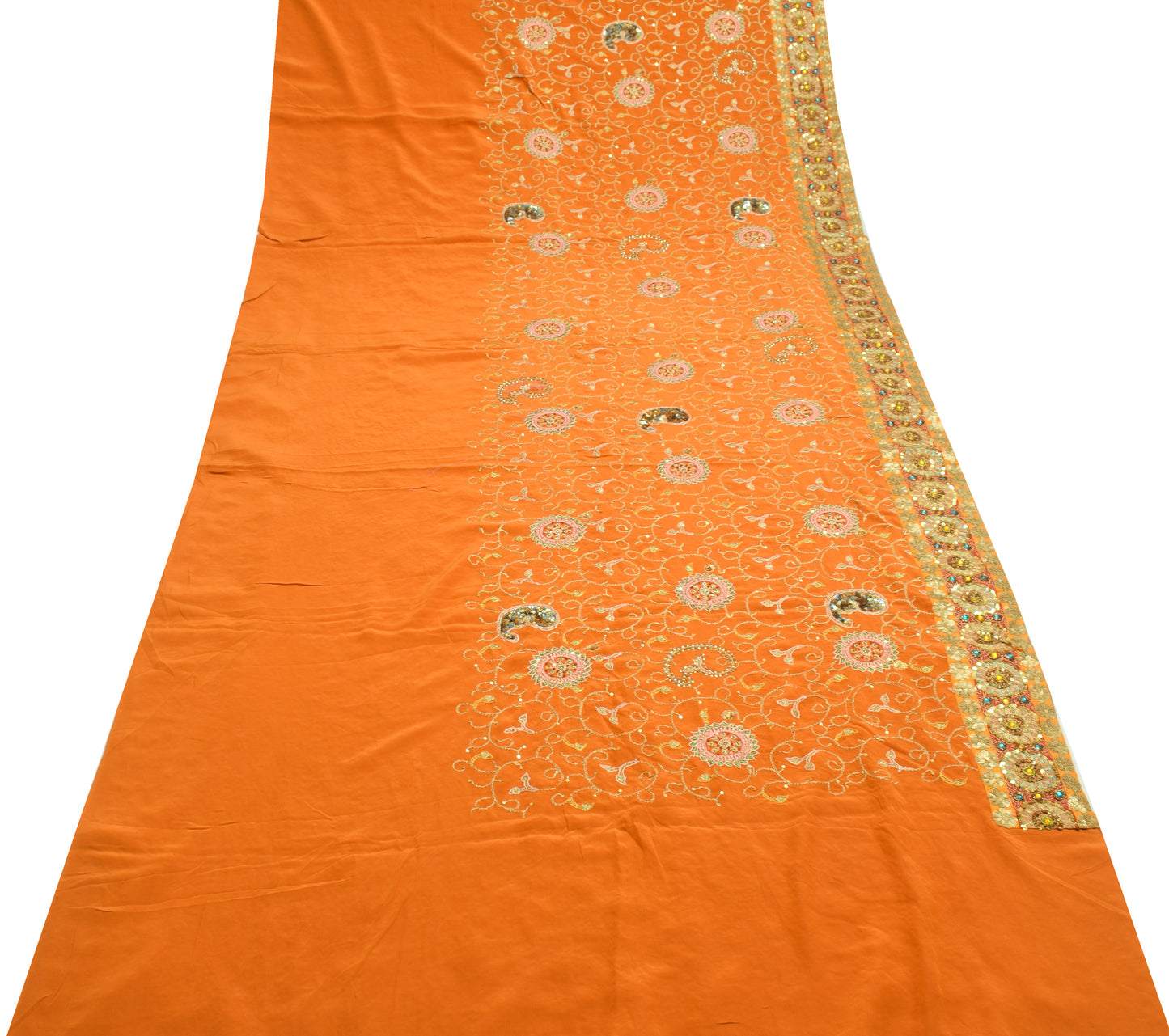 Sushila Vintage Rust Heavy Saree 100% Pure Crepe Silk Hand Beaded Sari Fabric