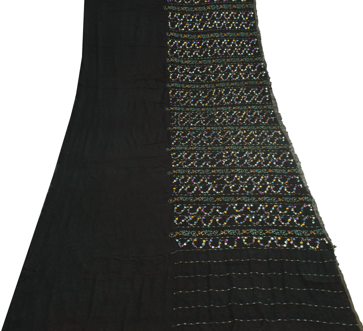 Sushila Vintage Black Heavy Saree Pure Georgette Silk Hand Beaded Sari Fabric