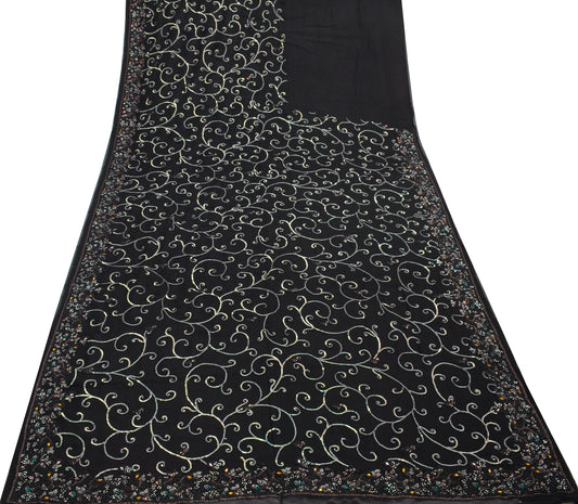 Sushila Vintage Black Heavy Saree 100% Pure Georgette Silk Hand Beaded Fabric