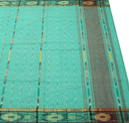 Sushila Vintage Aqua Green Saree Cotton Hand Woven Ikat Patola Sari Craft Fabric