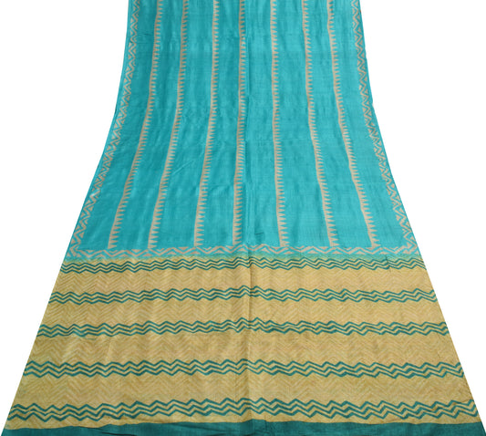 Sushila Vintage Turquoise Blue Saree 100% Pure Woolen Printed Soft Sari Fabric