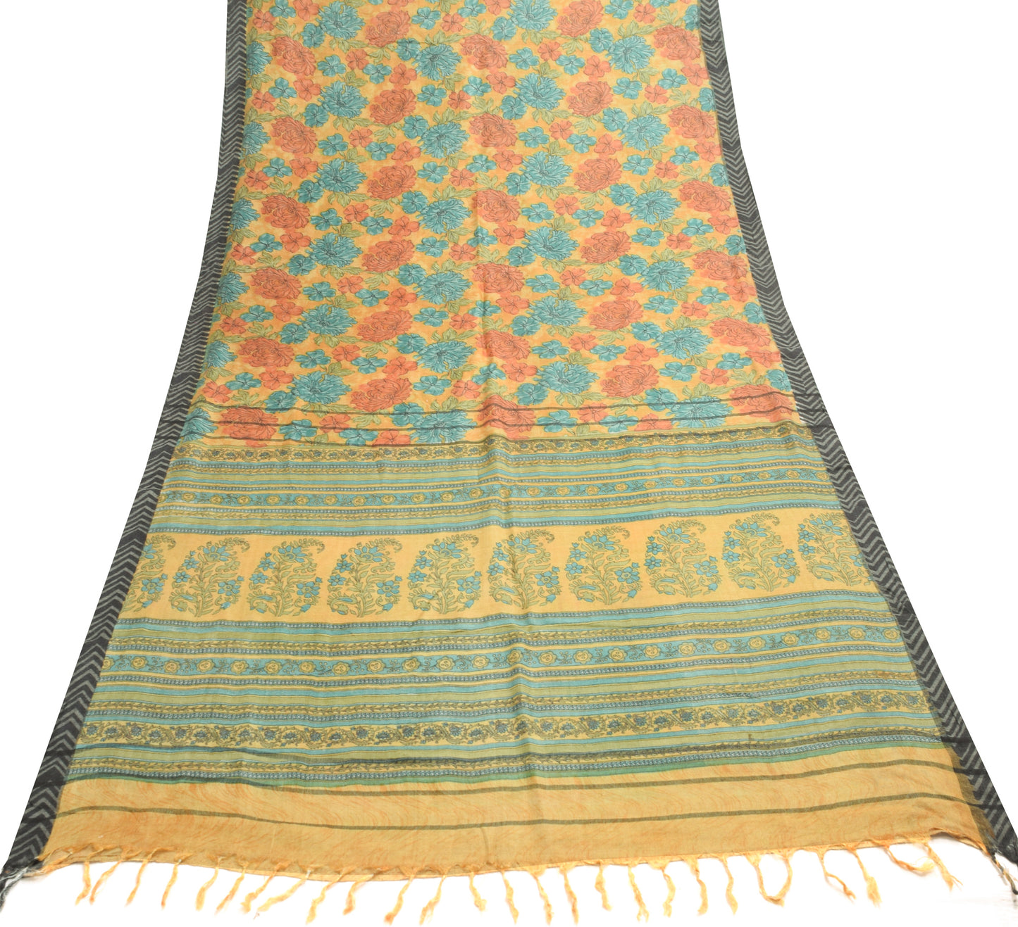 Sushila Vintage Yellow 100% Pure Woolen Saree Floral Woven & Printed Sari Fabric