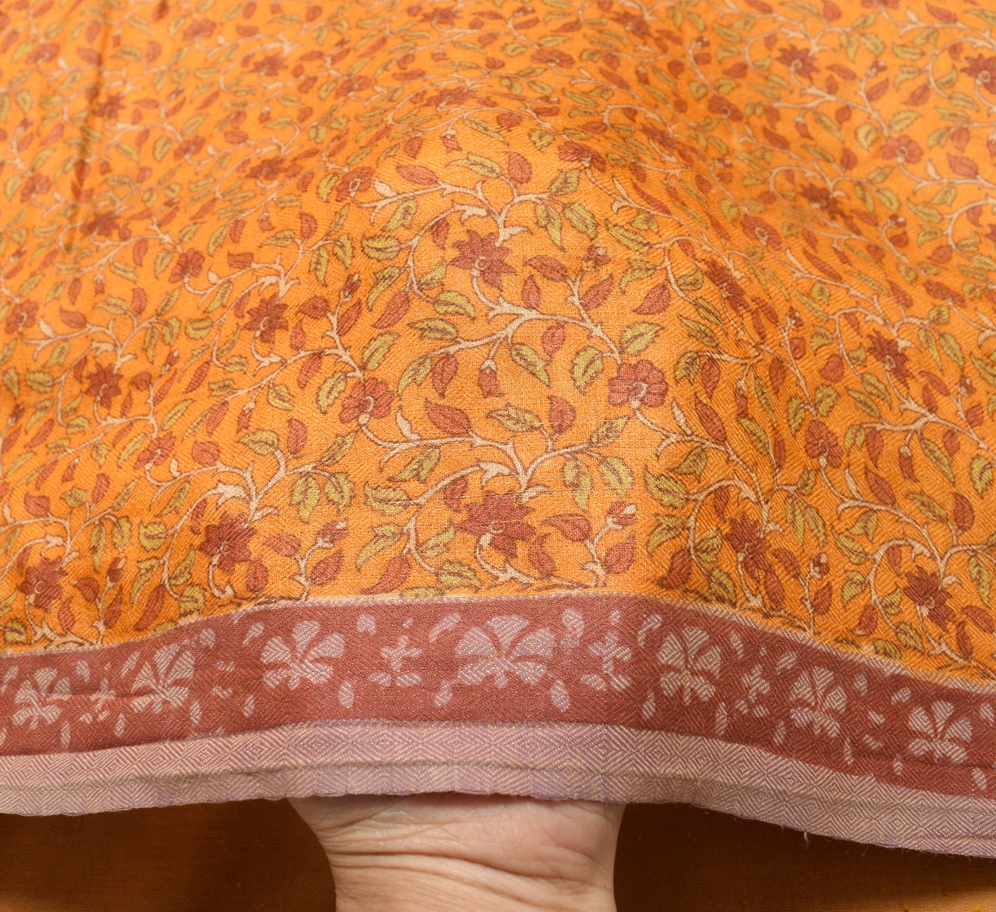 Sushila Vintage Orange Floral Saree 100% Pure Woolen Soft Sari Craft Fabric