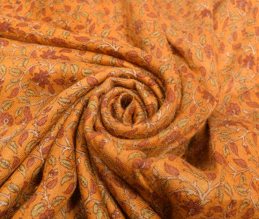 Sushila Vintage Orange Floral Saree 100% Pure Woolen Soft Sari Craft Fabric