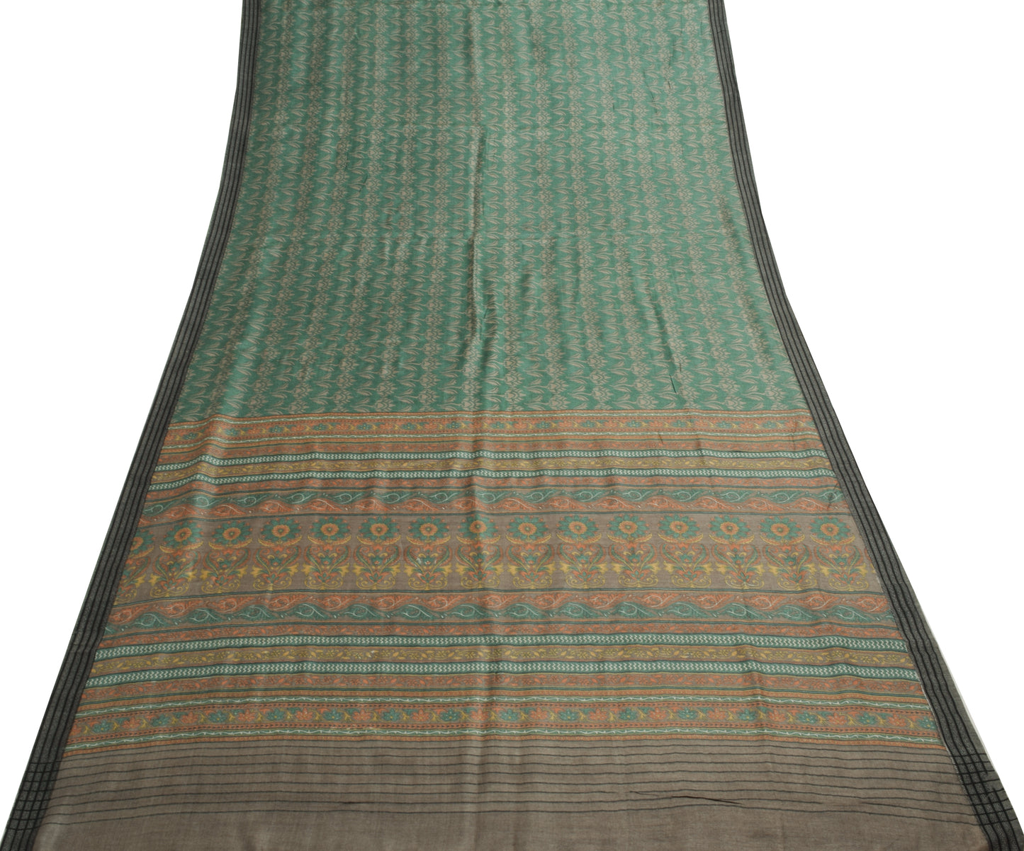 Sushila Vintage Green Floral Saree 100% Pure Woolen woven Soft Craft Sari Fabric