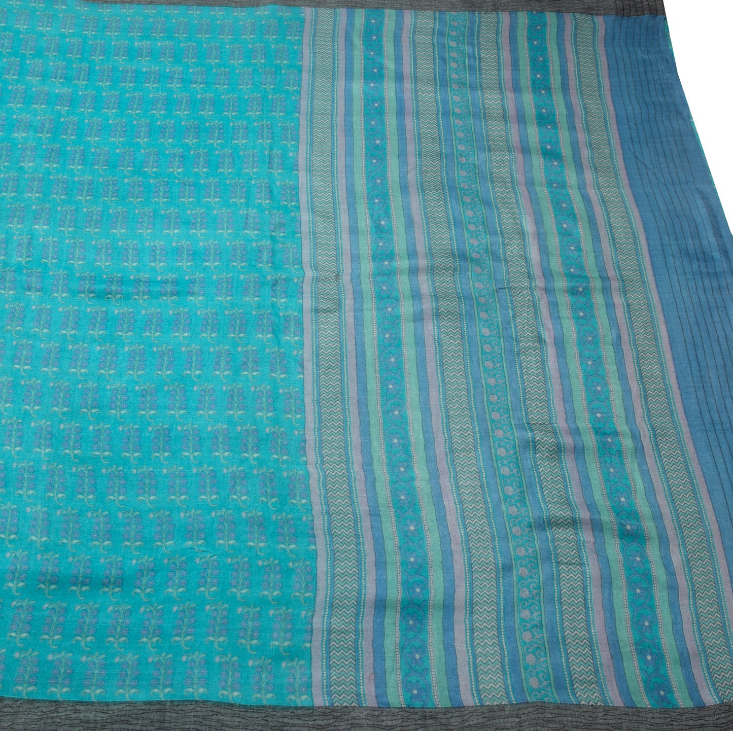 Sushila Vintage Aqua Blue 100% Pure Woolen Saree Woven Floral Soft Sari Fabric