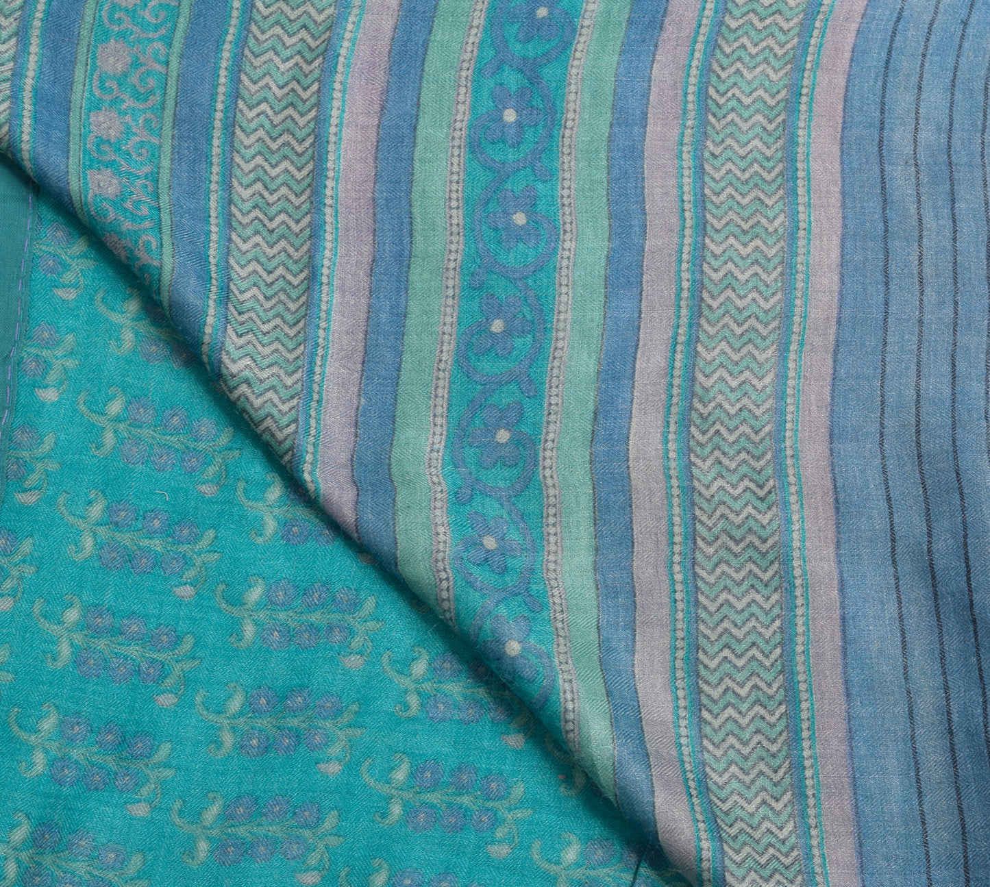 Sushila Vintage Aqua Blue 100% Pure Woolen Saree Woven Floral Soft Sari Fabric