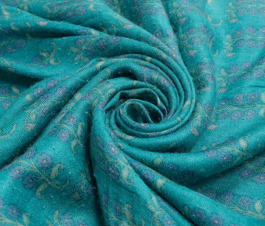 Sushila Vintage Aqua Blue 100% Pure Woolen Saree Woven Floral Soft Sari Fabric