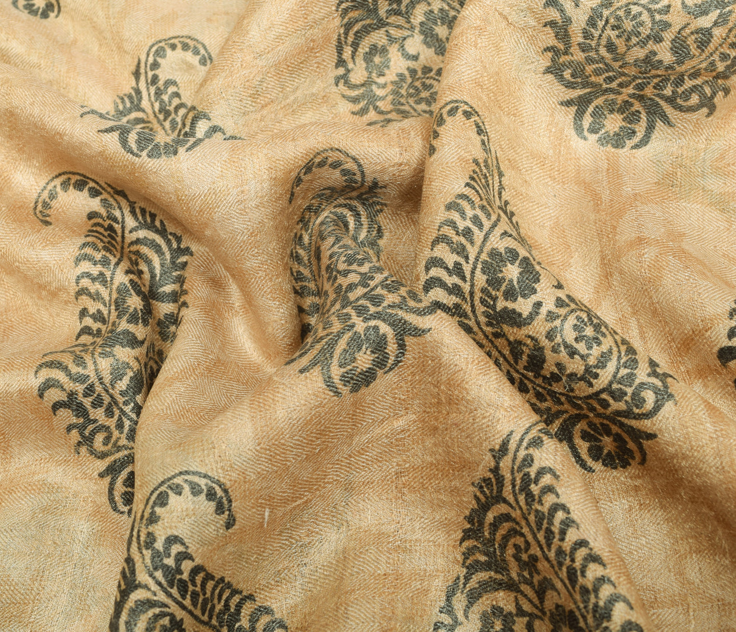 Sushila Vintage Light Brown Saree Paisley Printed 100% Pure Woolen Sari Fabric