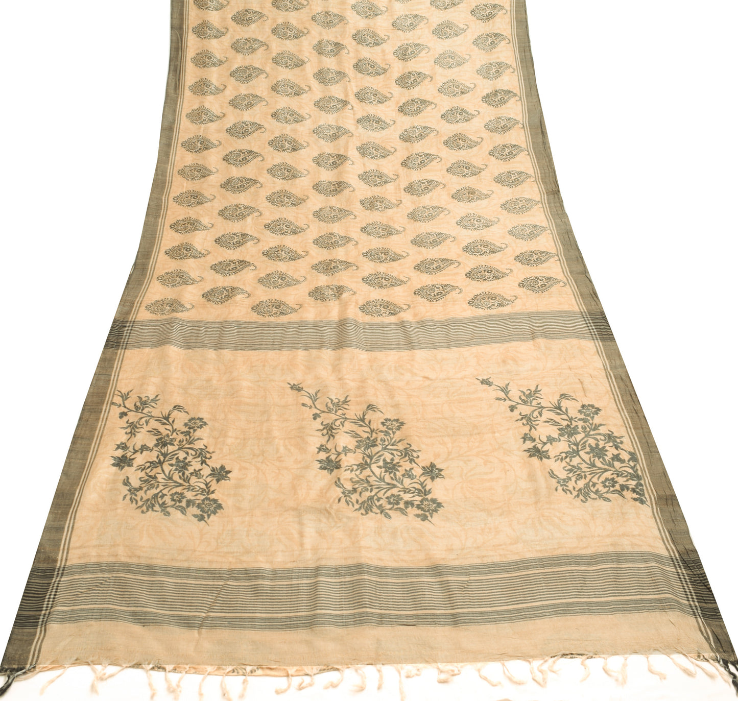 Sushila Vintage Light Brown Saree Paisley Printed 100% Pure Woolen Sari Fabric