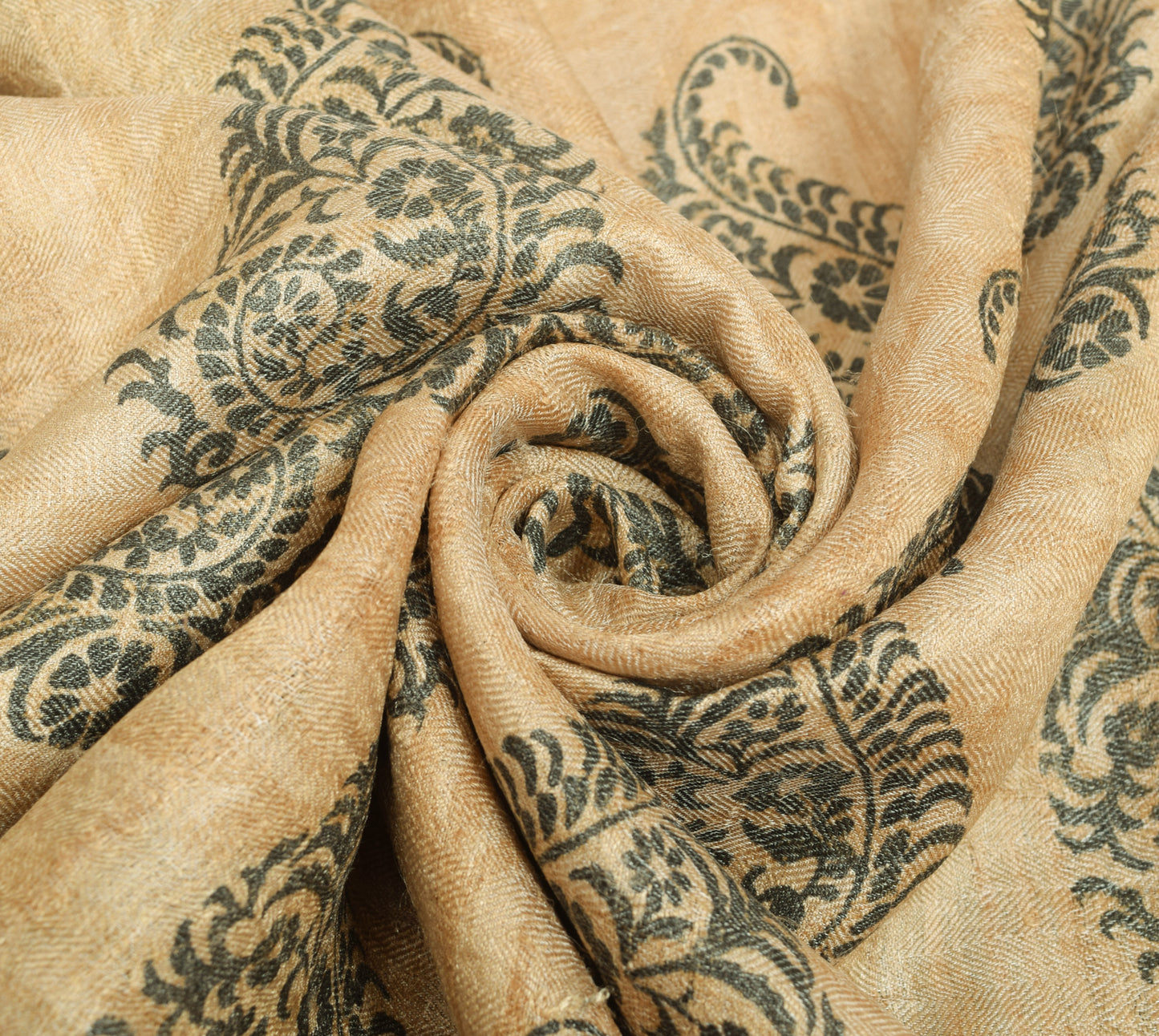 Sushila Vintage Light Brown Saree Paisley Printed 100% Pure Woolen Sari Fabric