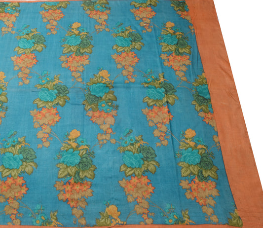 Sushila Vintage Teal Blue Saree 100%Pure Woolen Floral Printed Soft Sari Fabric