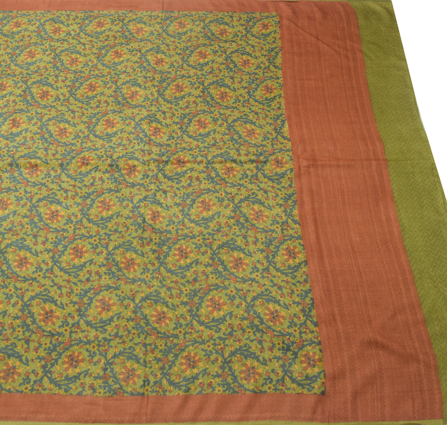 Sushila Vintage Green 100% Pure Woolen Saree Floral Woven Soft Sari Craft Fabric