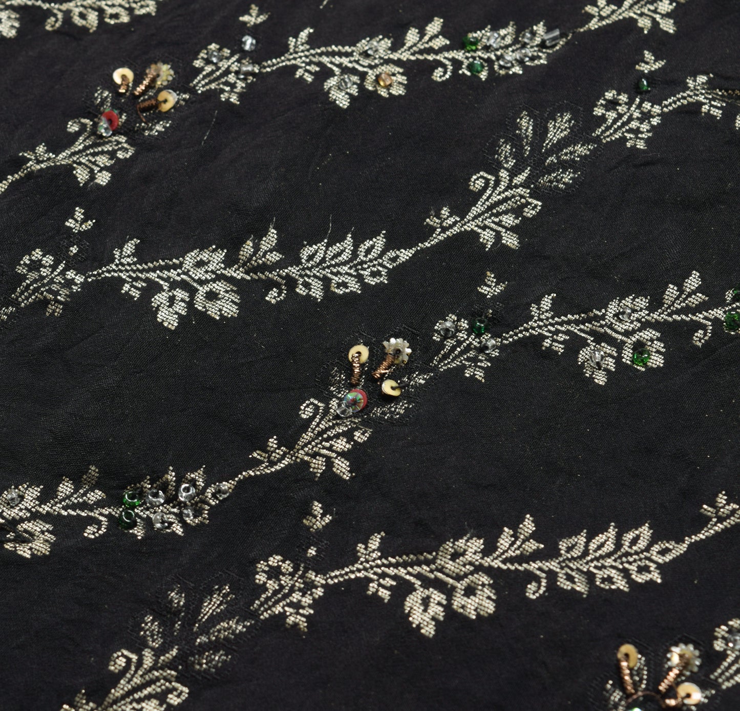 Sushila Vintage Black Heavy Floral Saree 100% Pure Silk Hand Beaded Sari Fabric