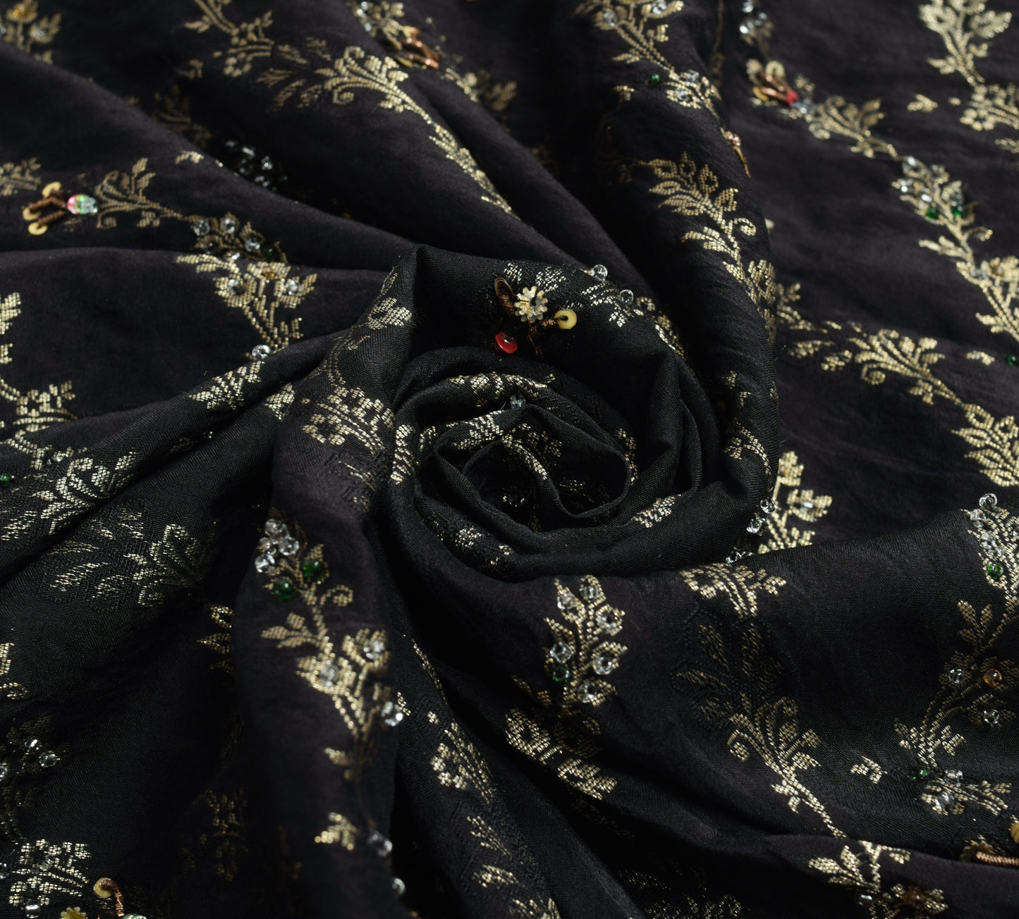 Sushila Vintage Black Heavy Floral Saree 100% Pure Silk Hand Beaded Sari Fabric