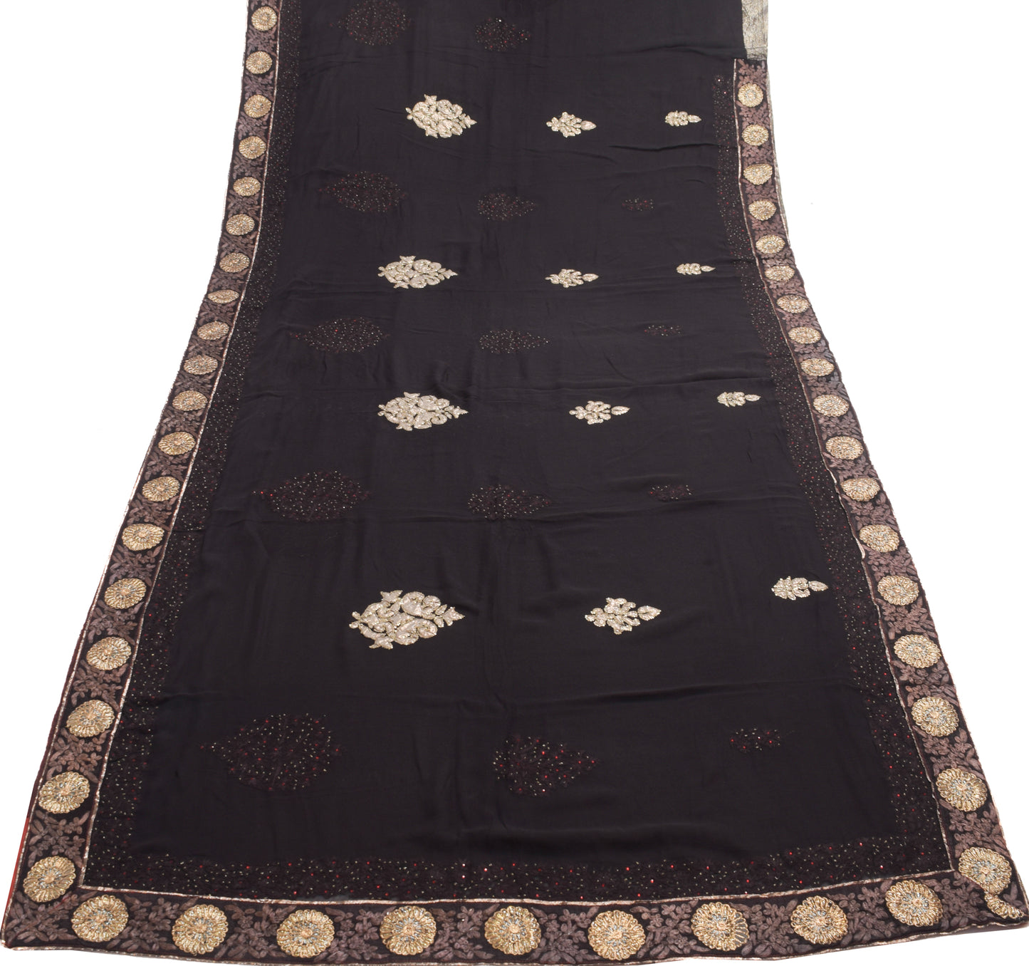 Sushila Vintage Black Pure Georgette Silk Heavy Saree Hand Beaded Sari Fabric