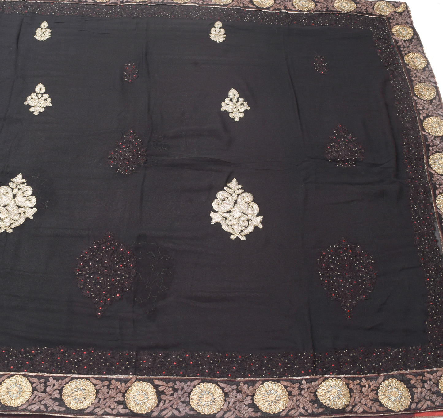 Sushila Vintage Black Pure Georgette Silk Heavy Saree Hand Beaded Sari Fabric