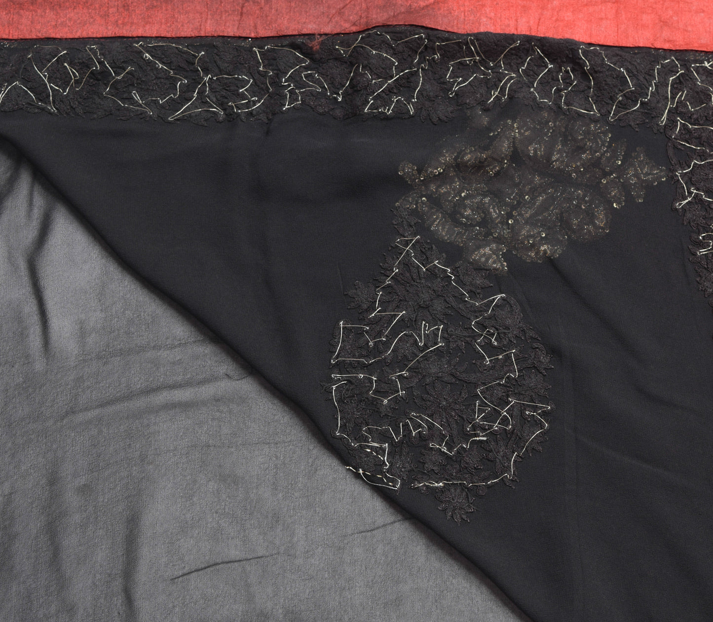 Sushila Vintage Black Pure Georgette Silk Heavy Saree Hand Beaded Sari Fabric