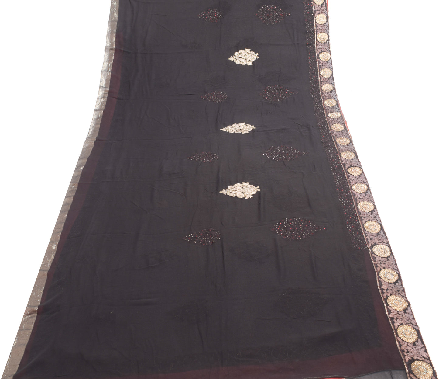 Sushila Vintage Black Pure Georgette Silk Heavy Saree Hand Beaded Sari Fabric