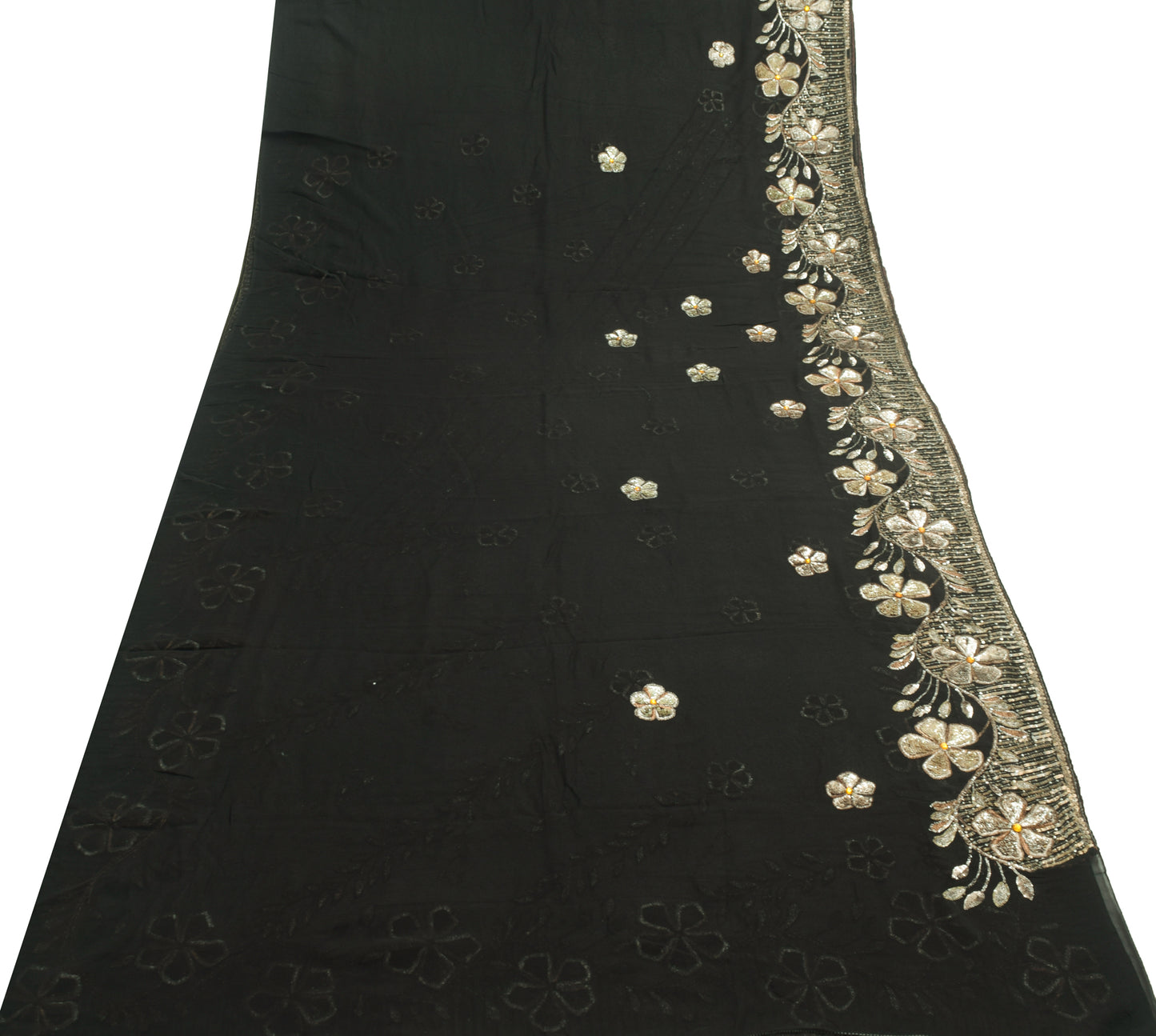 Sushila Vintage Heavy Black Saree Georgette Silk Sequins Embroidered Sari Fabric