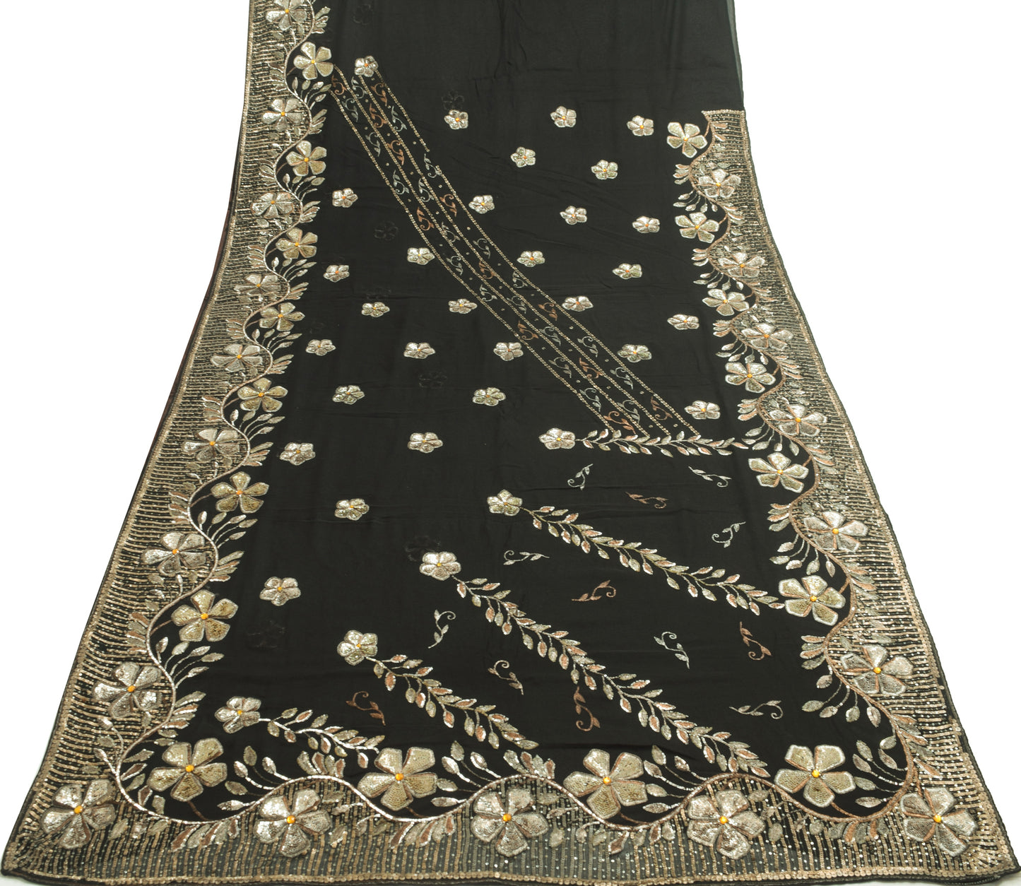 Sushila Vintage Heavy Black Saree Georgette Silk Sequins Embroidered Sari Fabric