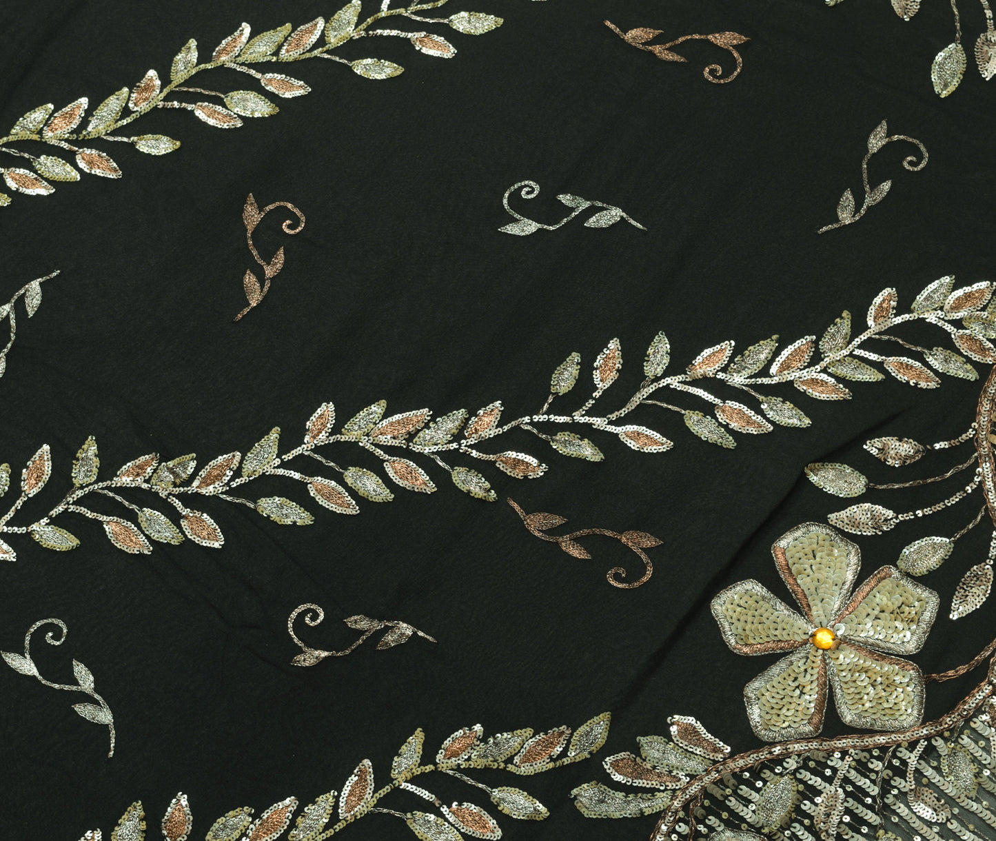 Sushila Vintage Heavy Black Saree Georgette Silk Sequins Embroidered Sari Fabric