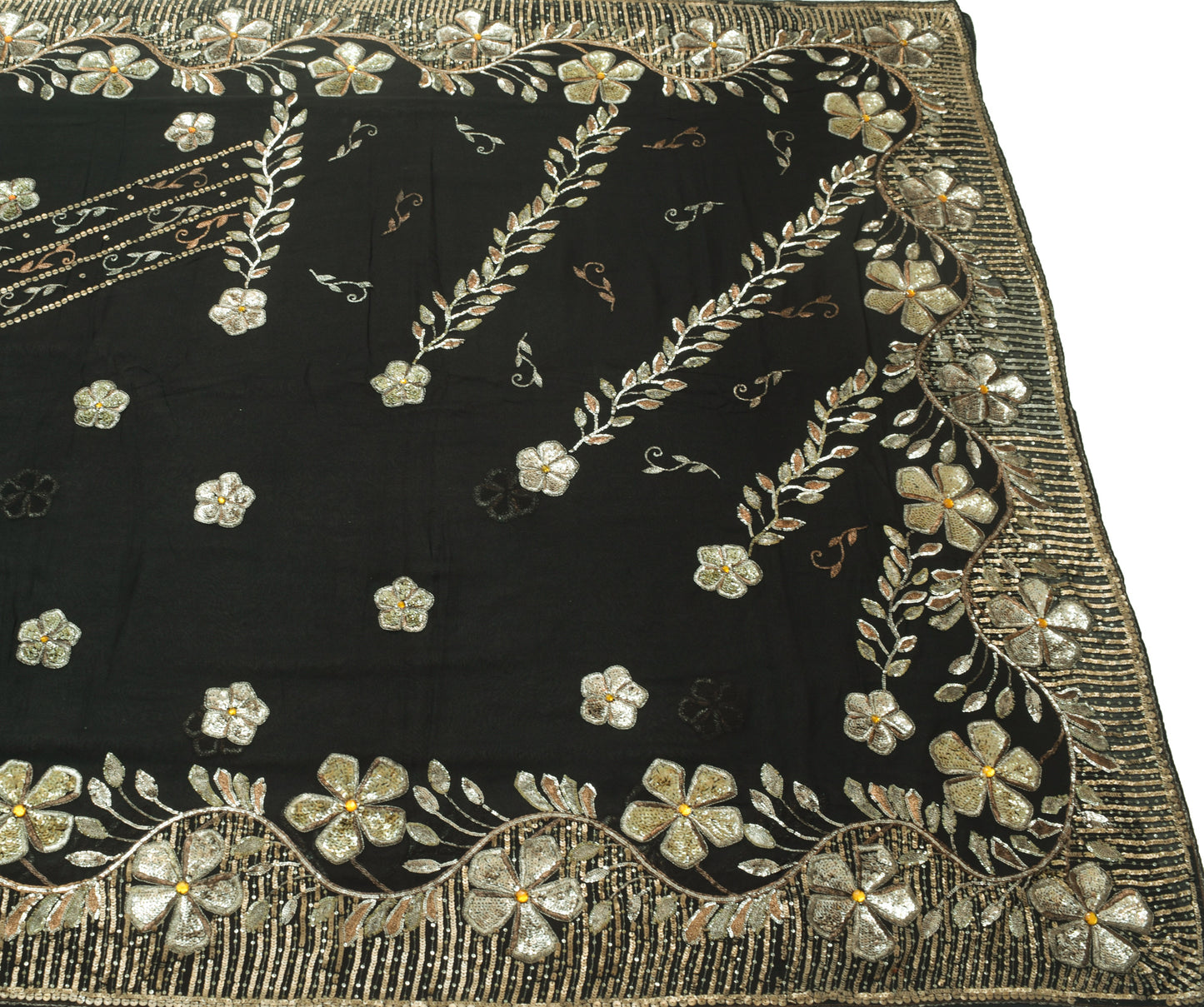 Sushila Vintage Heavy Black Saree Georgette Silk Sequins Embroidered Sari Fabric