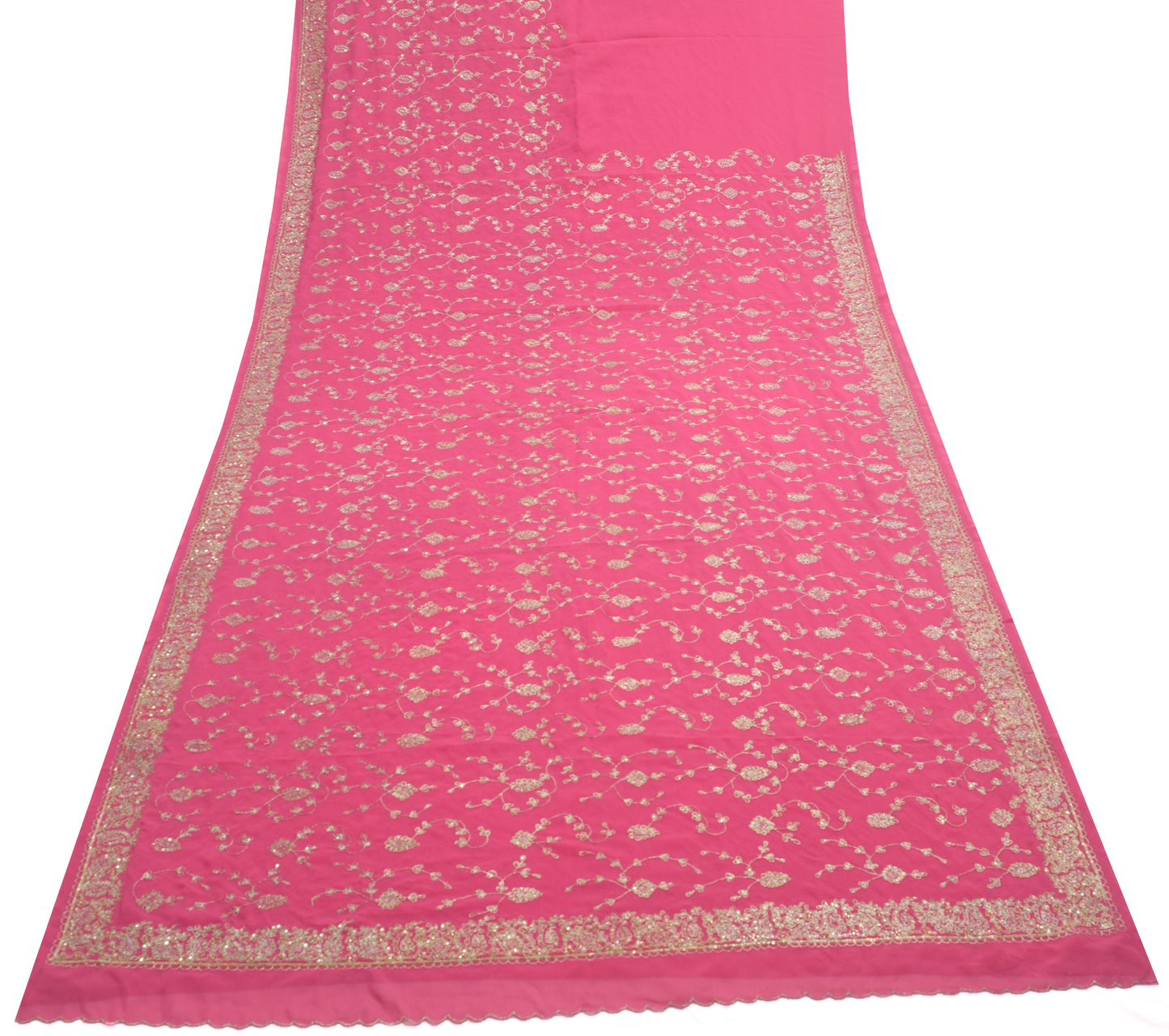 Sushila Vintage Pink Heavy Saree Georgette Silk Hand Beaded Floral Sari Fabric