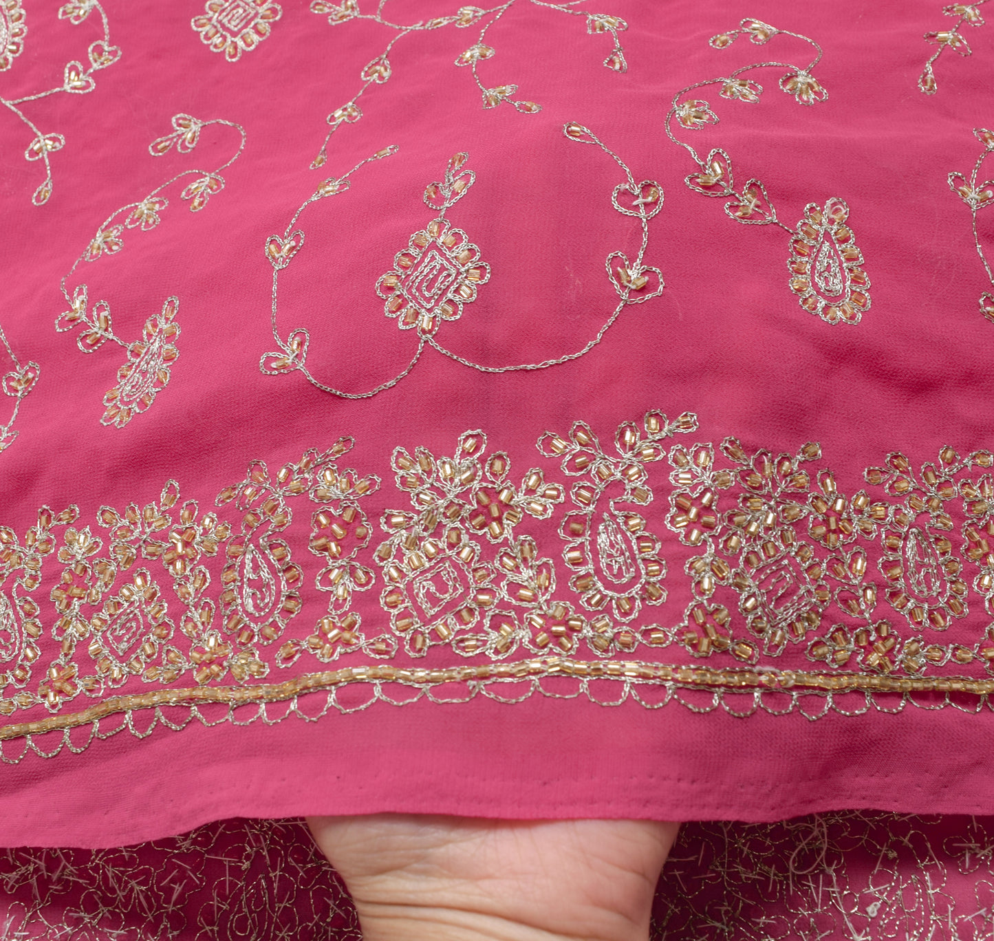 Sushila Vintage Pink Heavy Saree Georgette Silk Hand Beaded Floral Sari Fabric