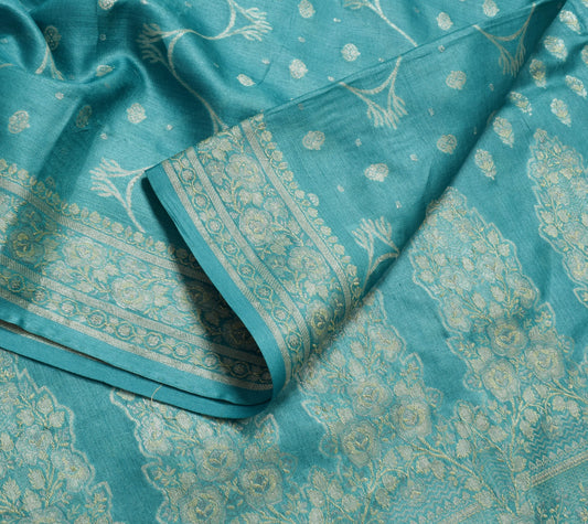 Sushila Vintage Aqua Blue Saree 100% Pure Silk Woven Festive Wear Sari Fabric