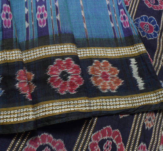 Sushila Vintage Blue Saree Pure Cotton Hand Woven Ikat Patola Sari Craft Fabric