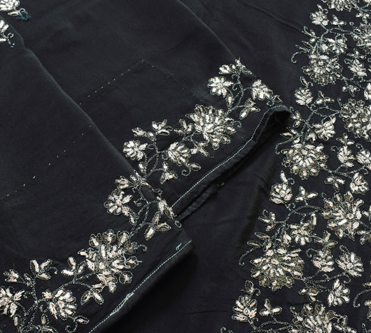 Sushila Vintage Black Zardozi Work Saree Pure Crepe Silk Party Wear Sari Fabric